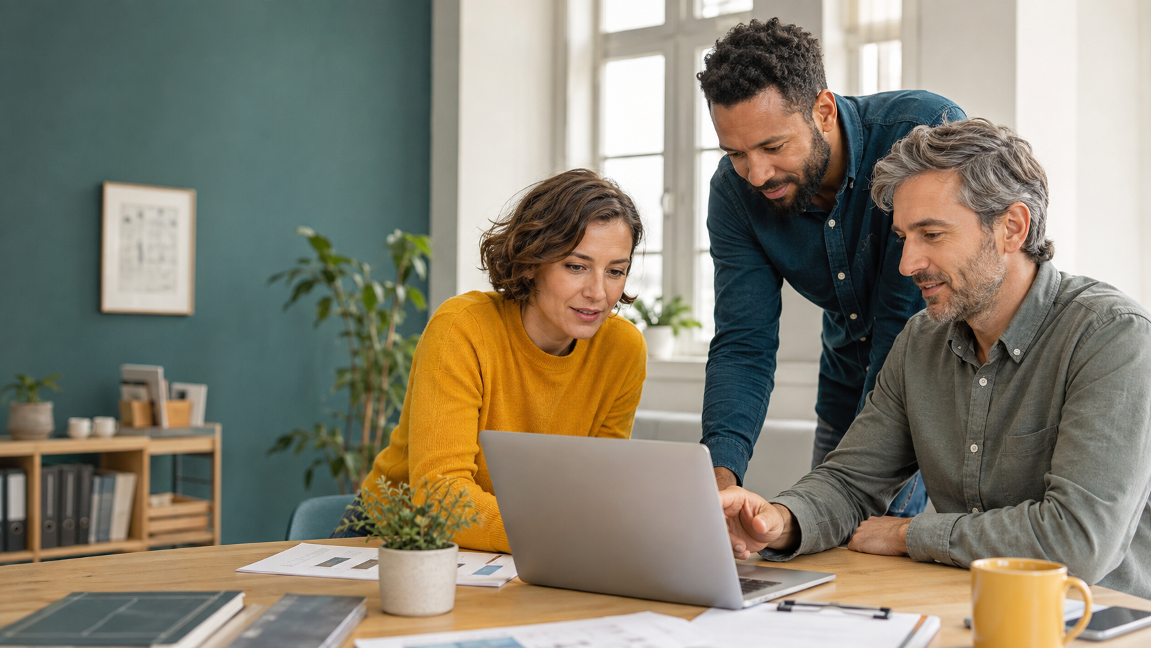 Trois collaborateurs d’une PME consultent ensemble un ordinateur