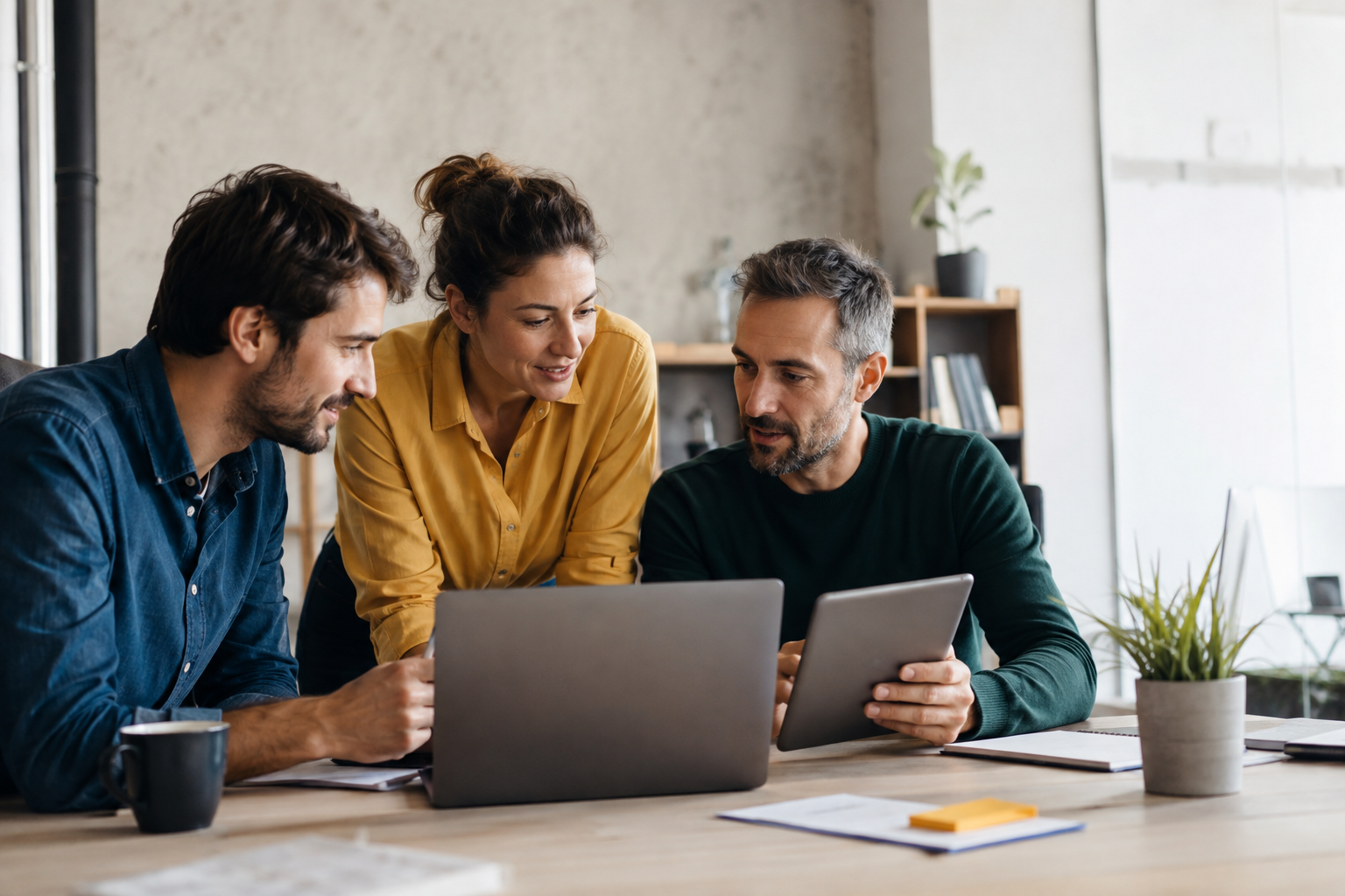 Trois professionnels travaillent ensemble autour d'un ordinateur et d'une tablette