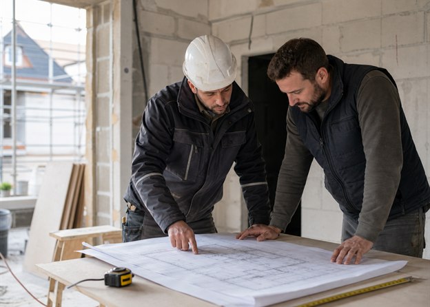 Professionnels du BTP consultant des plans sur un chantier
