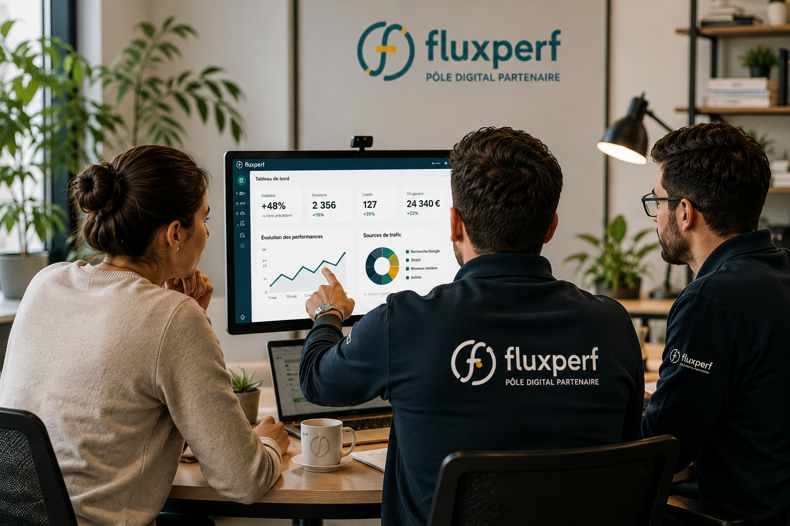 Équipe Fluxperf analysant un tableau de bord avec un client